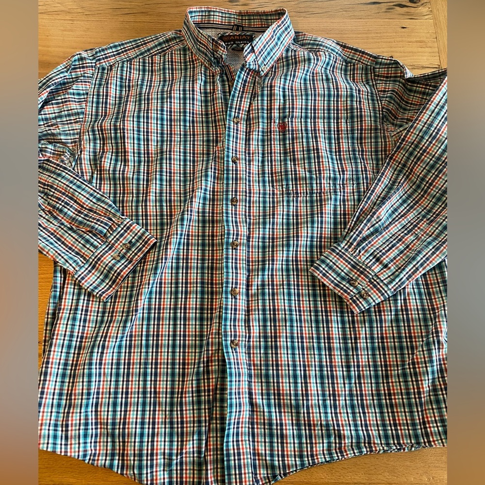 Ariat Plaid‎ Cotton Button Down Shirt Turquoise Red Men’s XL Preowned